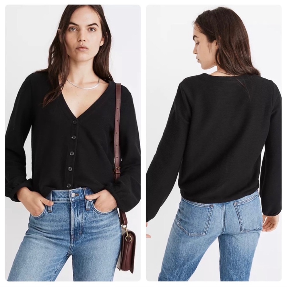 MADEWELL Bubble-Sleeve Cardigan Top In Black